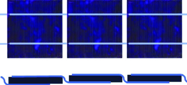 Ffig. 6: Celloedd solar silicon crisialog yn rhyng-gysylltiedig mewn cyfres â rhuban tabbio [6].
